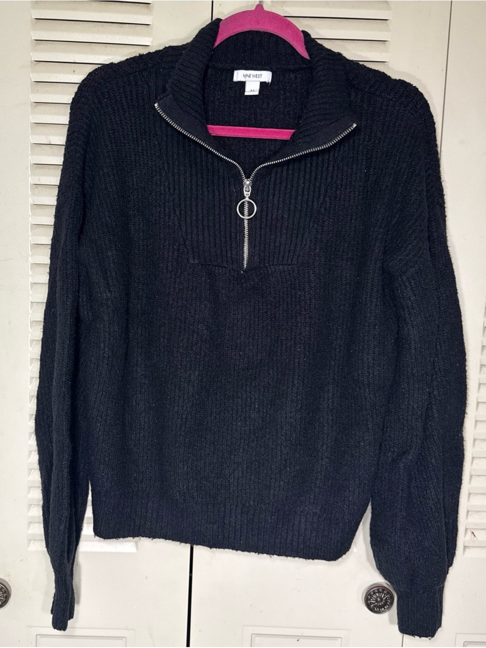 Nine West 1/4 Zip Mock Neck Pullover Black Soft Fuzzy Sweater Women’s Medium